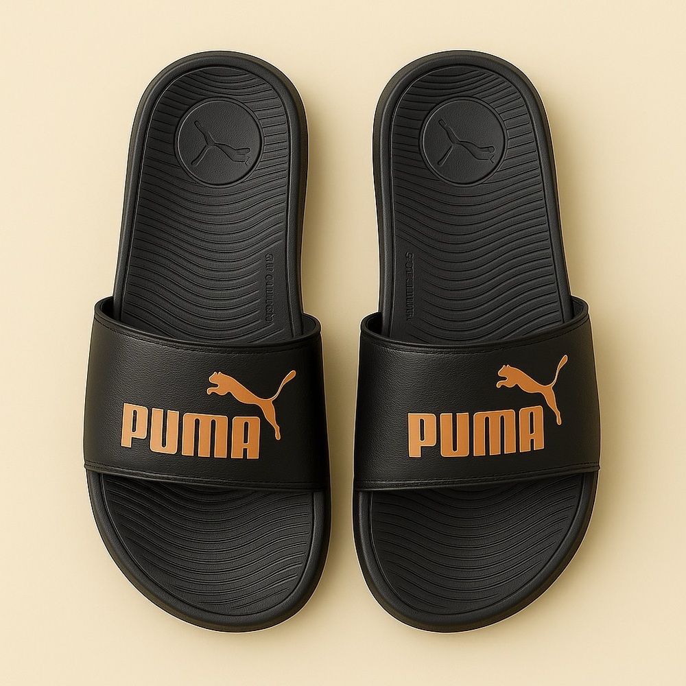Puma Black Slides with Orange Logo